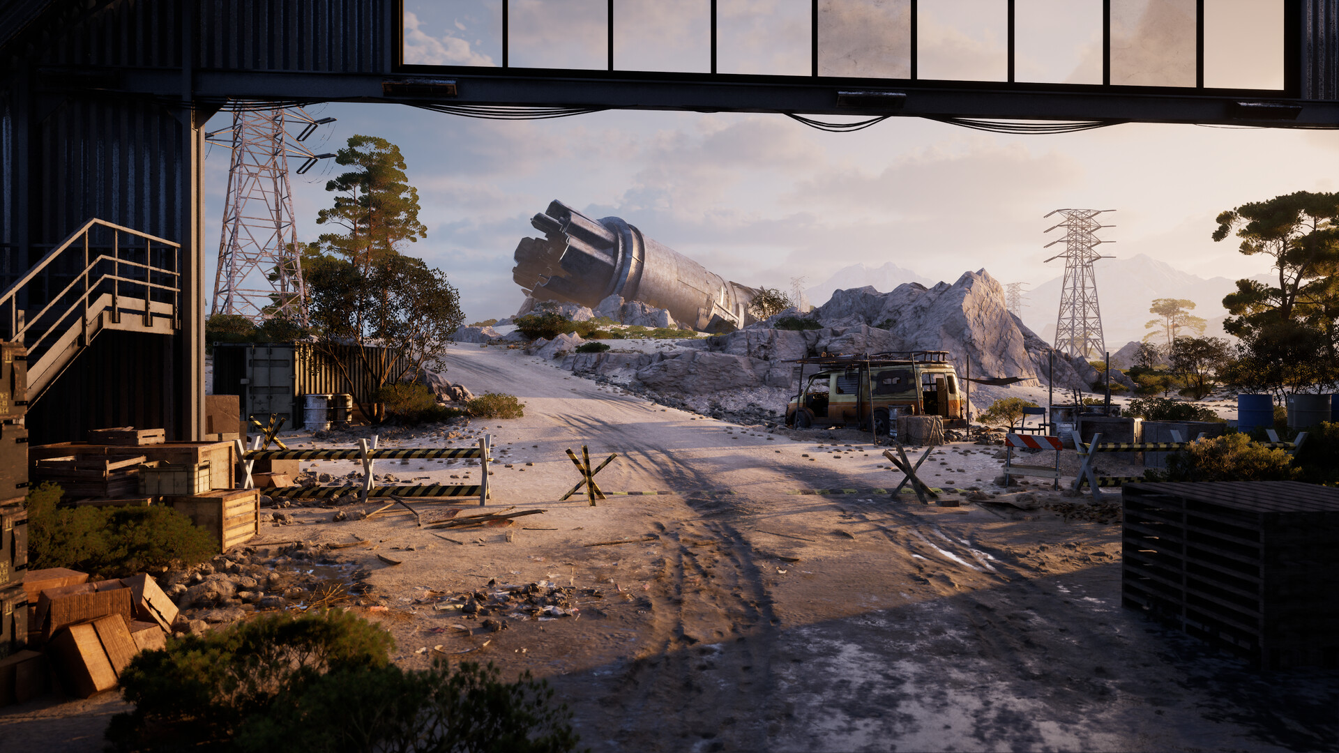 An abandoned checkpoint opens onto a road past a wrecked bus and enormous machine debris