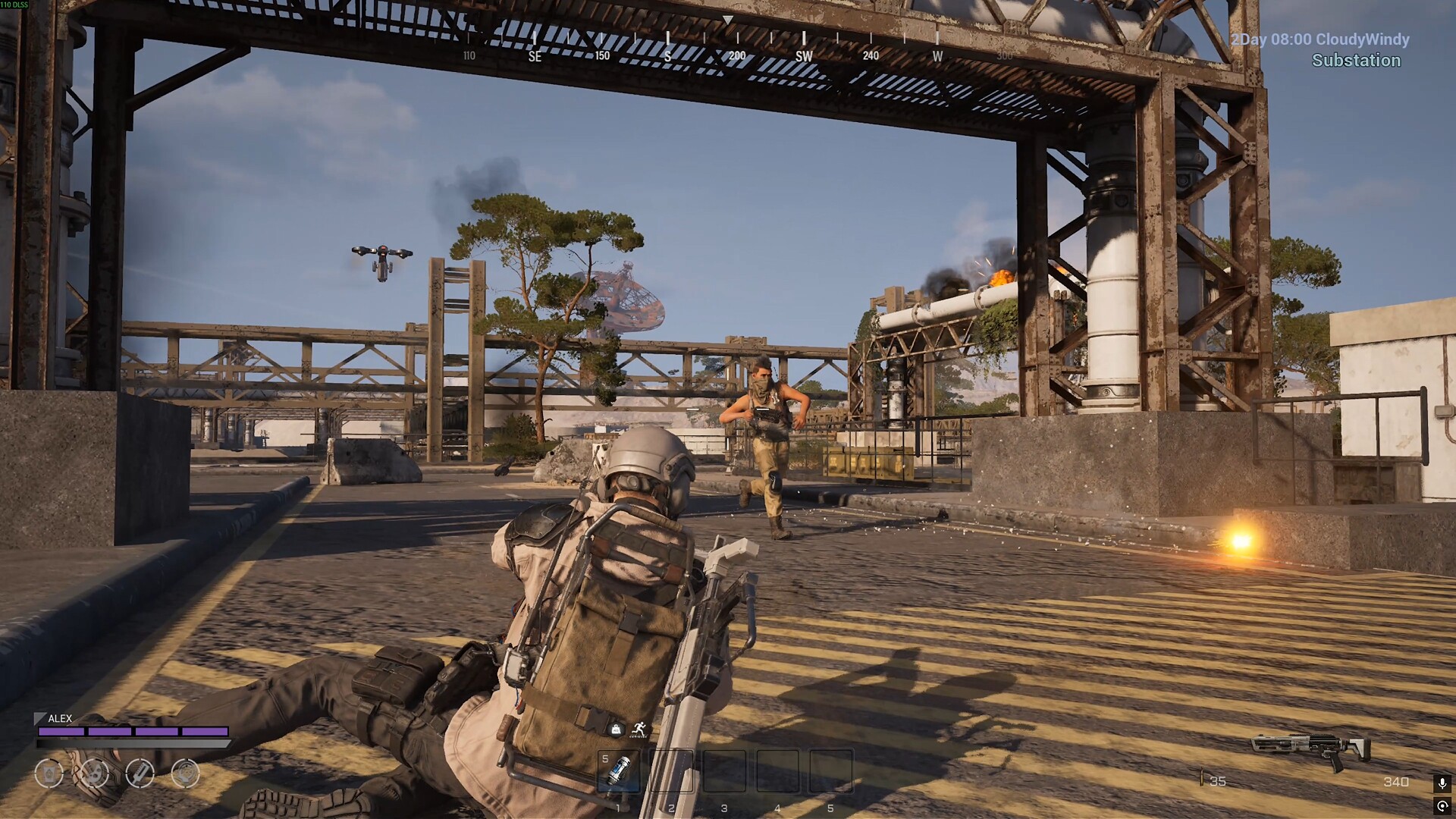 Third-person combat at a ruined industrial substation in Survival Code: Rebirth
